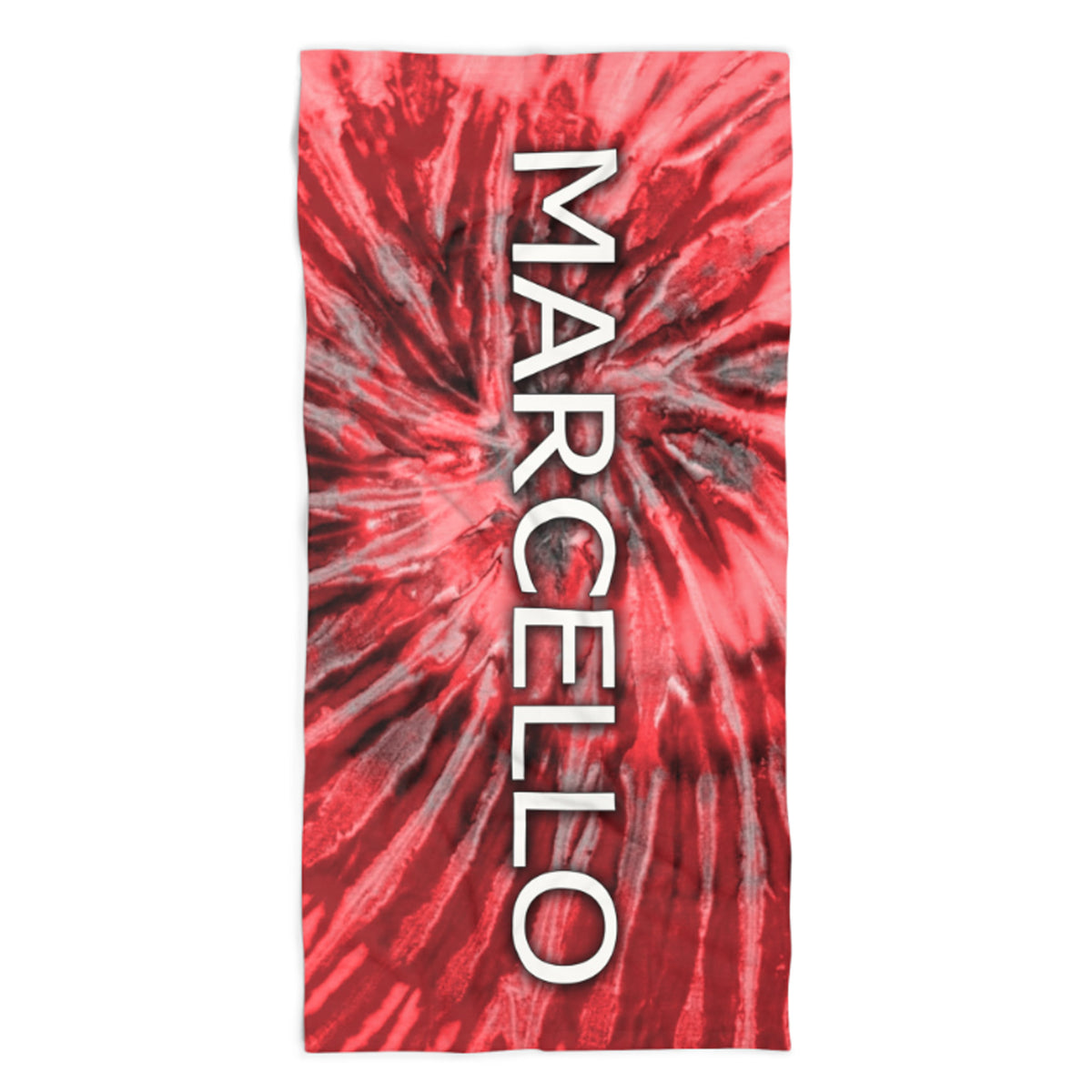 A rectangular beach towel featuring a vibrant red and pink tie-dye burst pattern with the brand name 'MARCELLO' printed vertically in bold white letters.