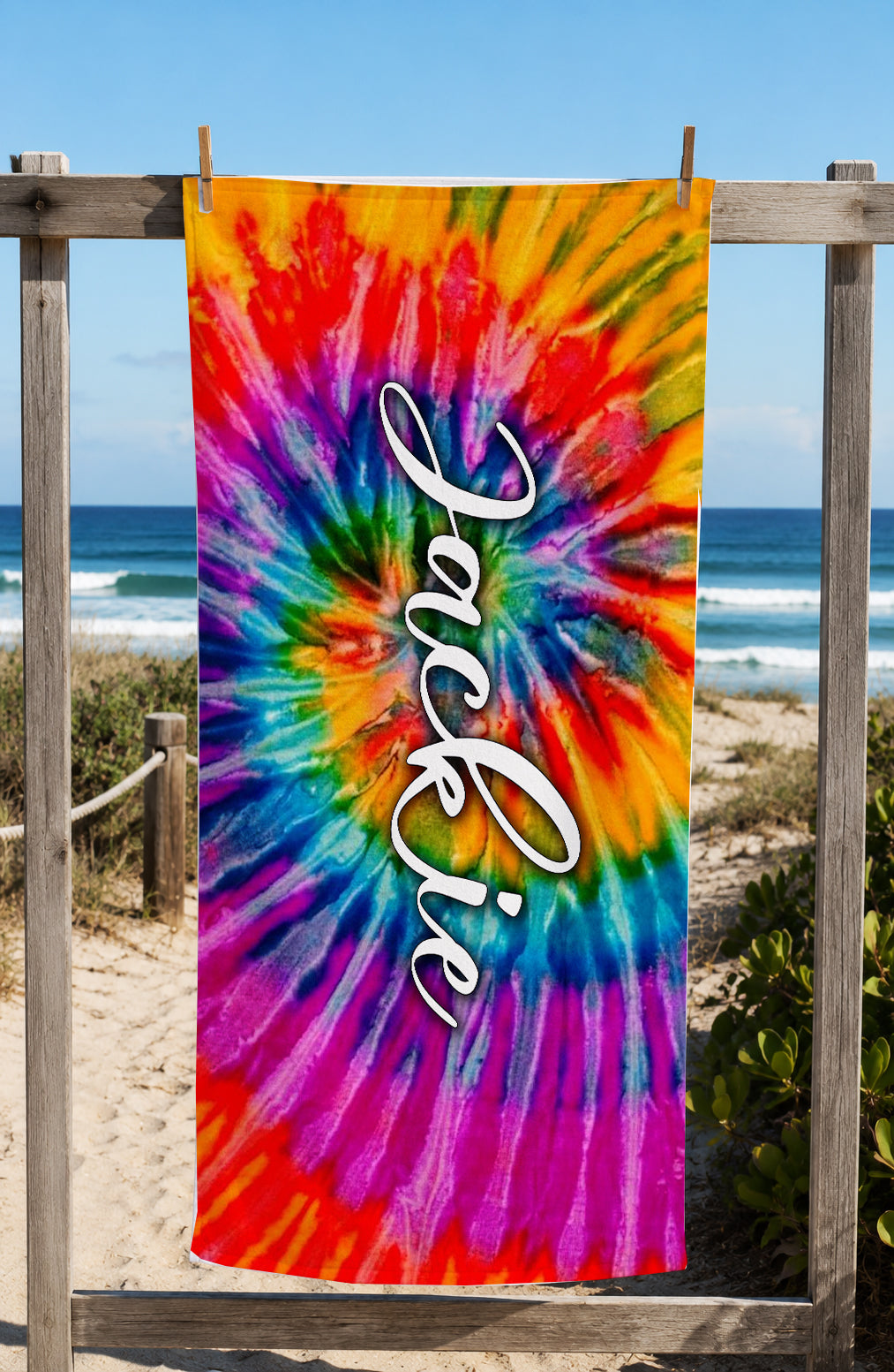 Personalized Kids Tie Dye Beach Towel | Custom Name