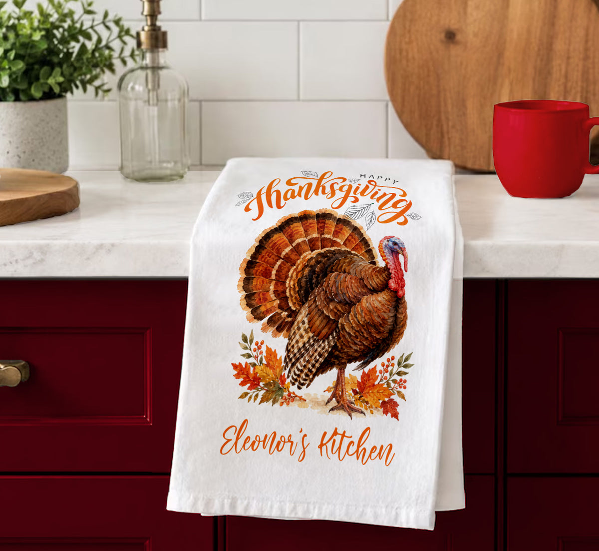 Personalized Thanksgiving Turkey Tea Towel – Custom Name Kitchen Towel