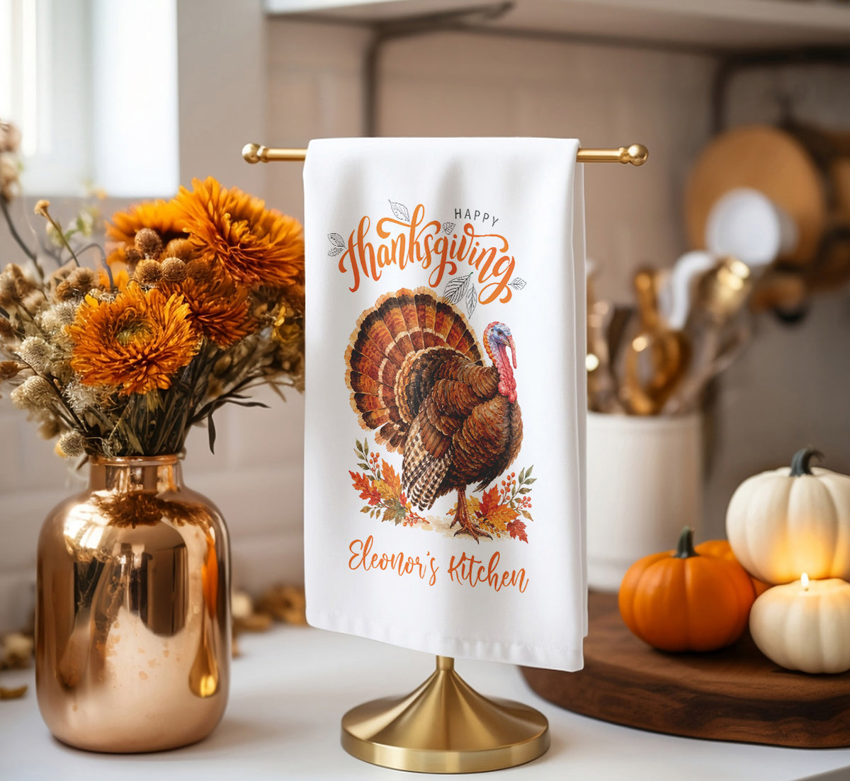 Personalized Thanksgiving Turkey Tea Towel – Custom Name Kitchen Towel
