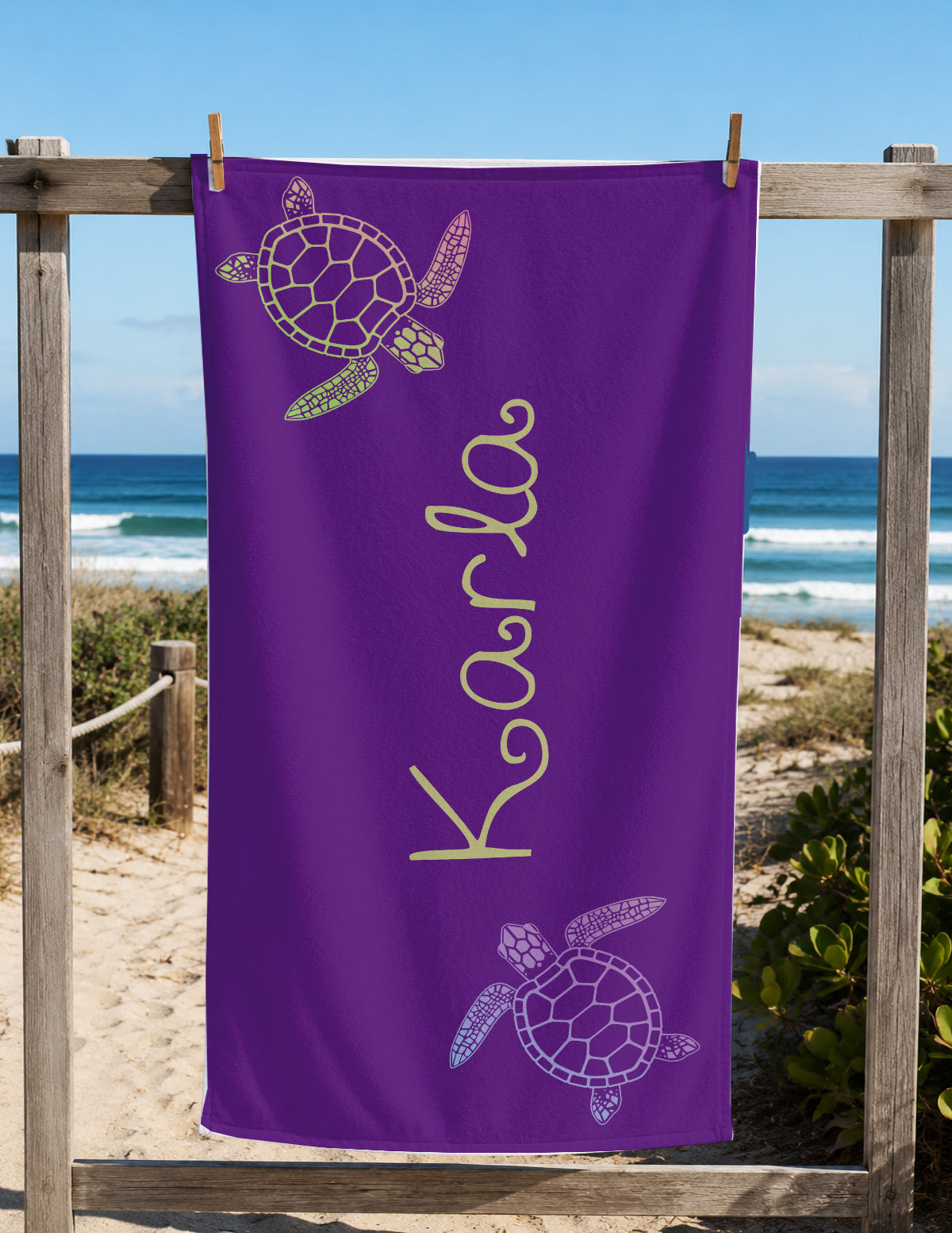 Personalized Sea Turtle Beach Towel | Custom Name Ocean Animal Design