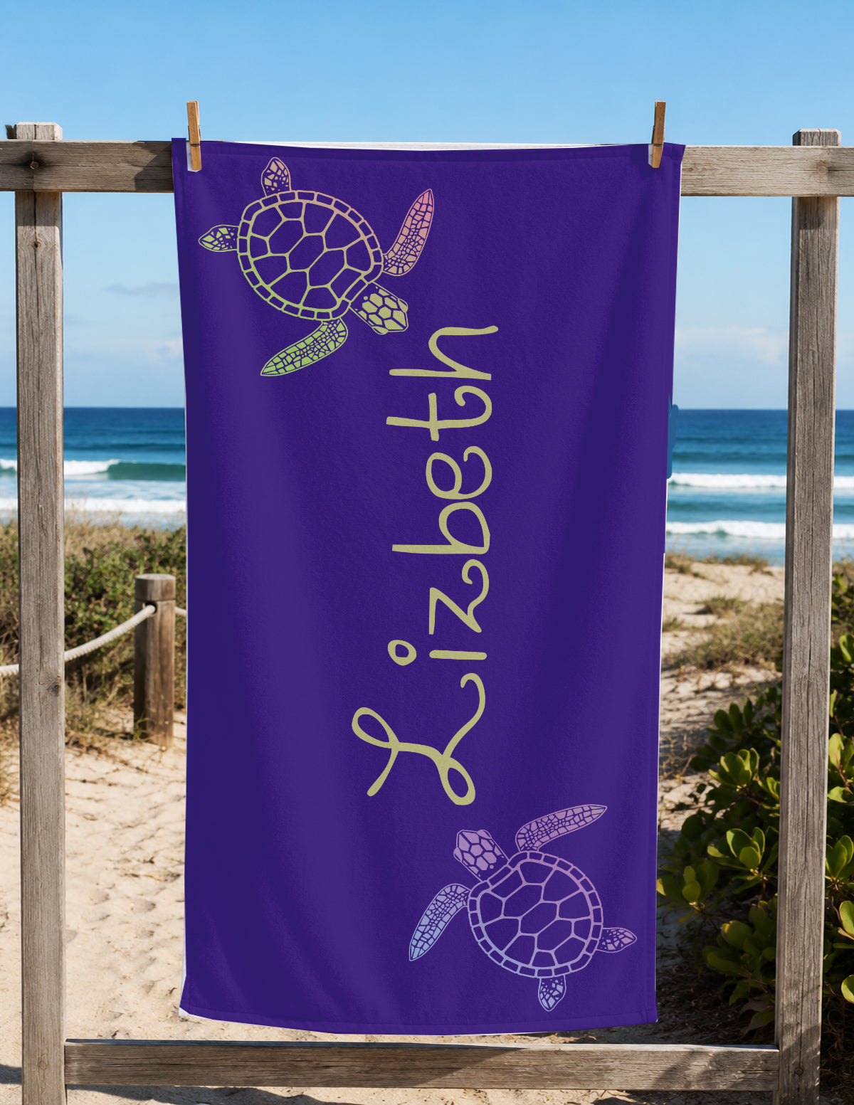 Personalized Sea Turtle Beach Towel | Custom Name Ocean Animal Design
