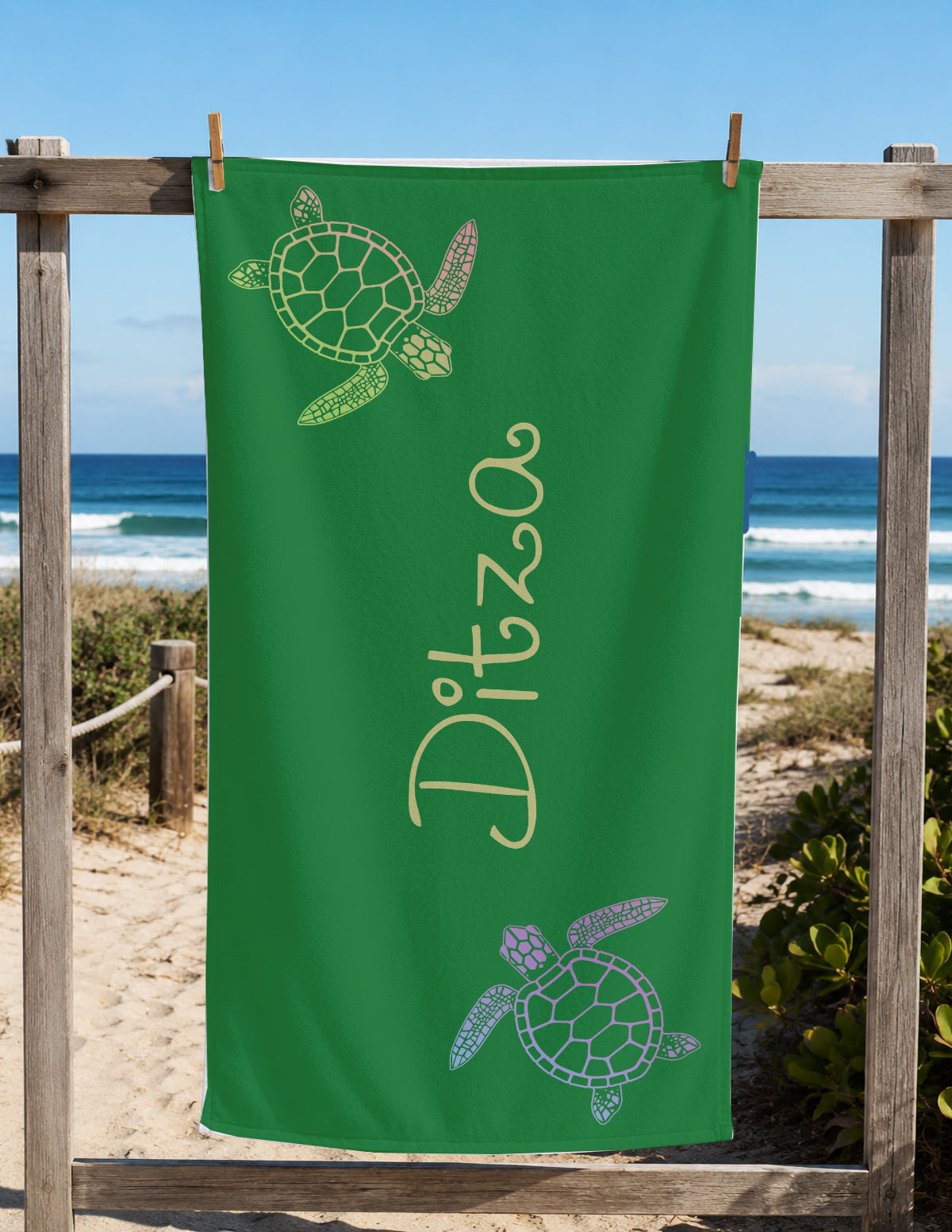 Personalized Sea Turtle Beach Towel | Custom Name Ocean Animal Design