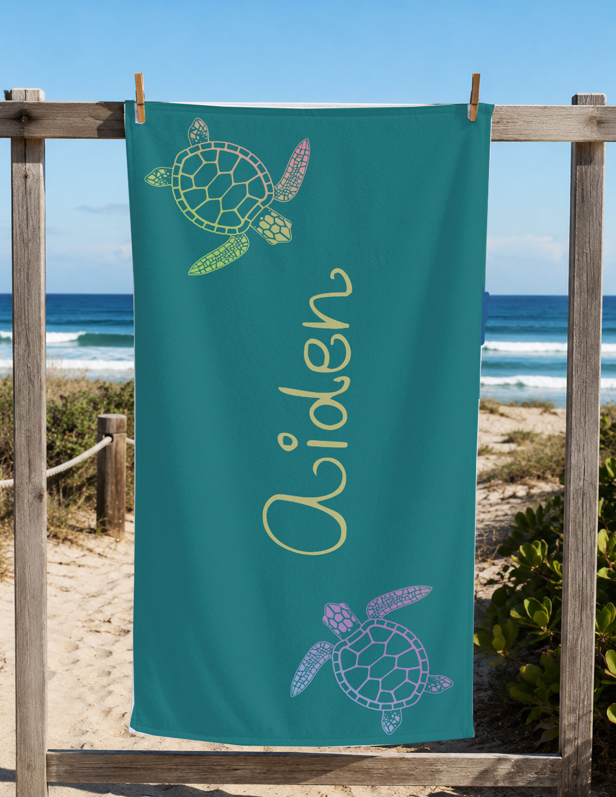 Personalized Sea Turtle Beach Towel | Custom Name Ocean Animal Design