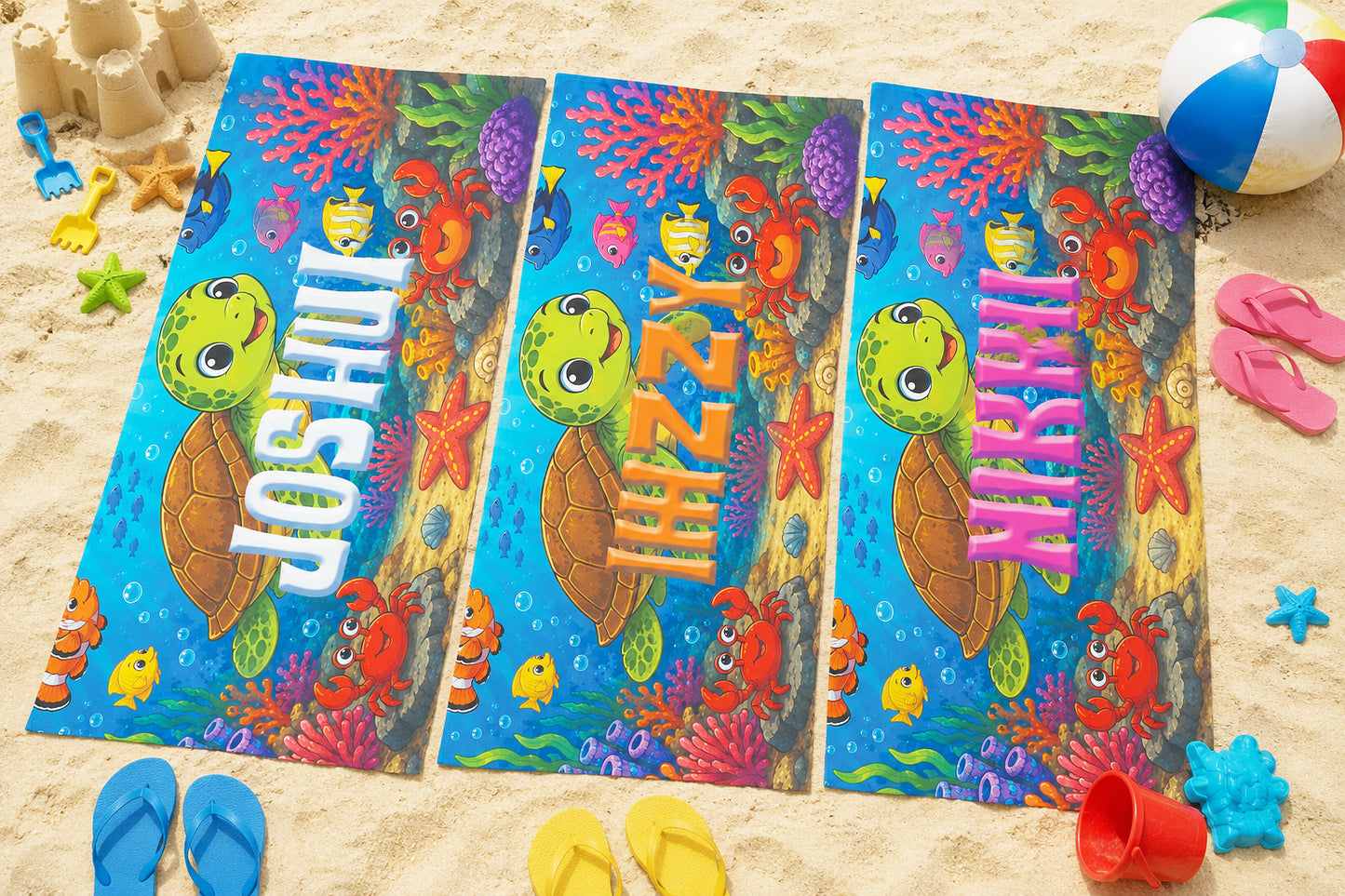 Personalized Cute Sea Turtle Beach Towel | Custom Name Coral Reef Design