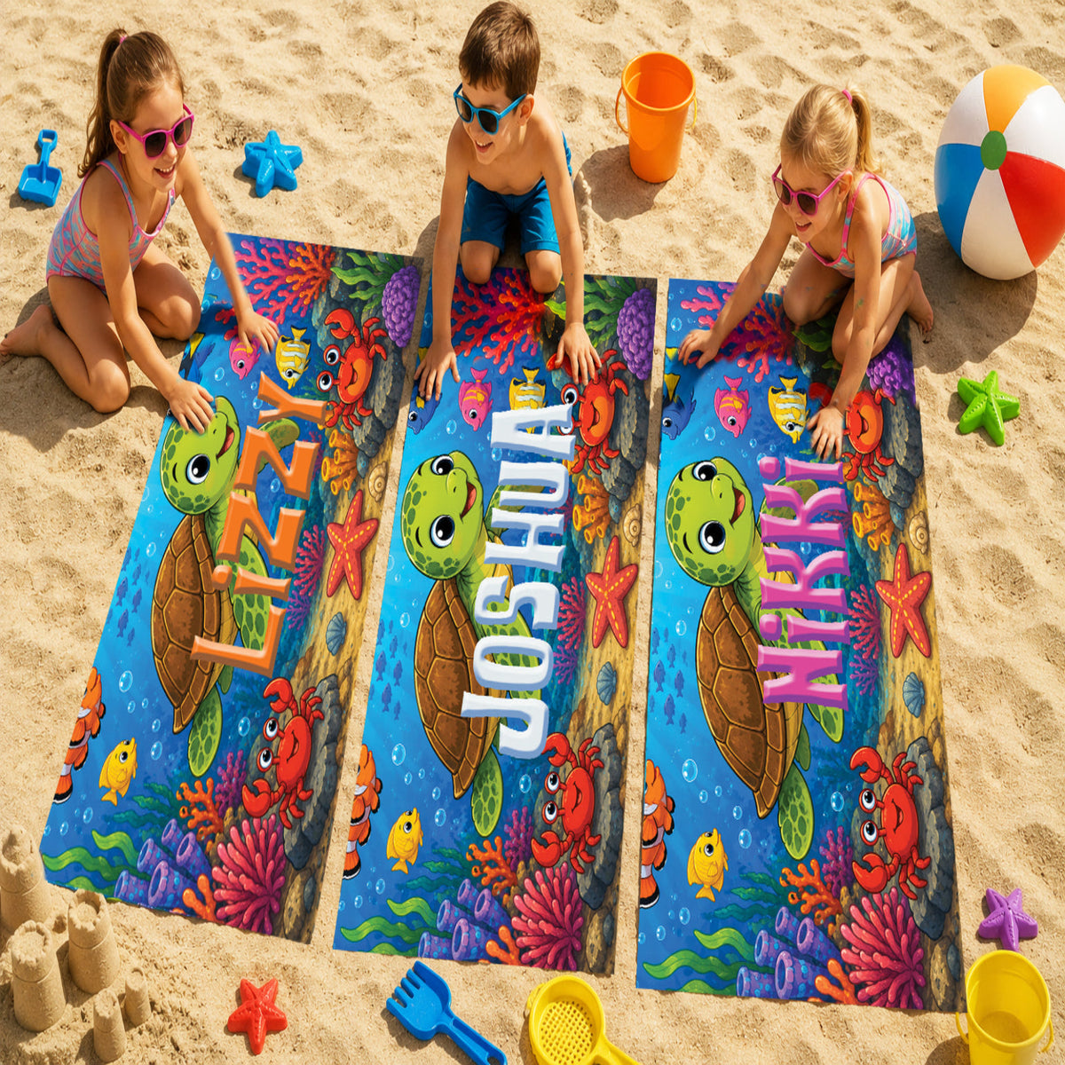 Personalized Cute Sea Turtle Beach Towel | Custom Name Coral Reef Design