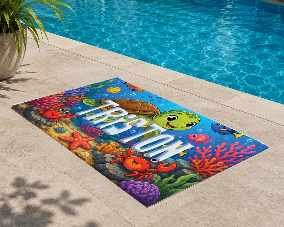 Personalized Cute Sea Turtle Beach Towel | Custom Name Coral Reef Design