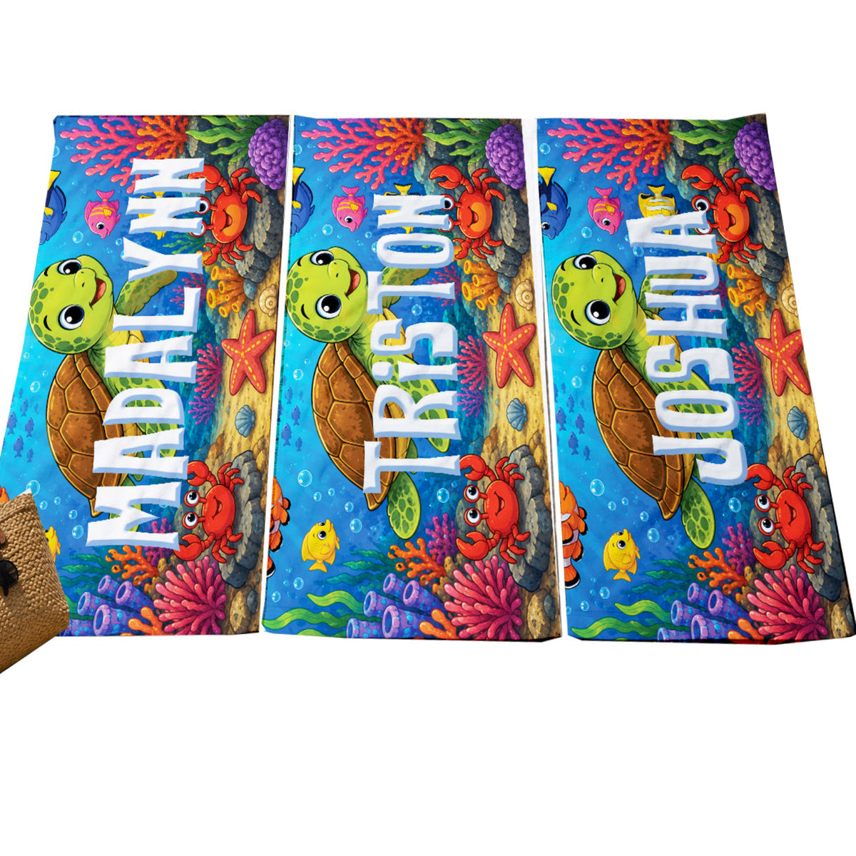 Personalized Cute Sea Turtle Beach Towel | Custom Name Coral Reef Design