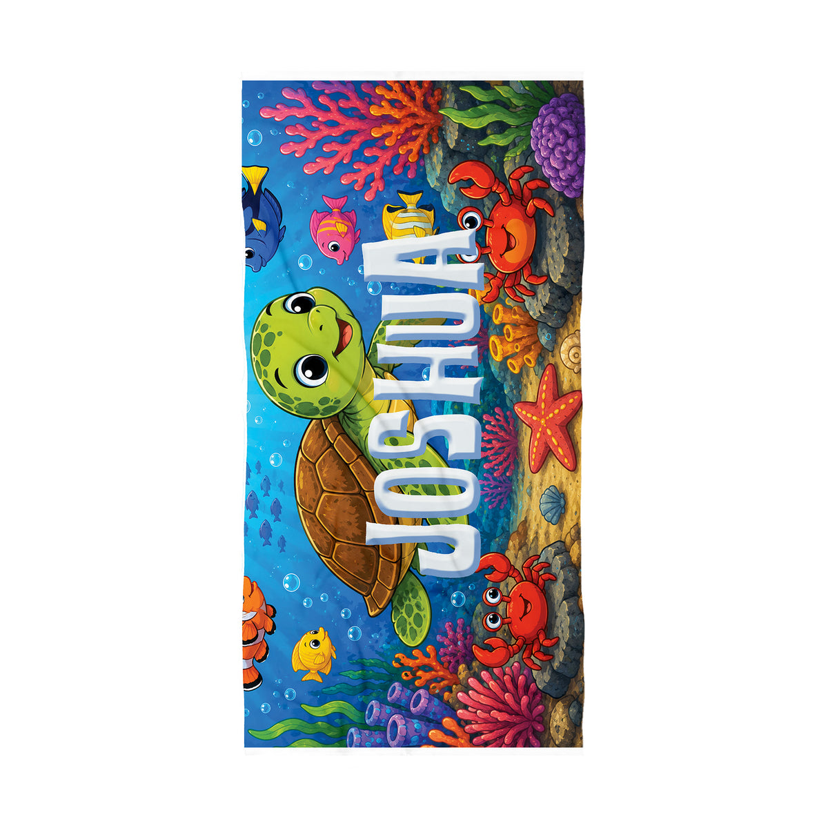 A personalized beach towel featuring a colorful cartoon sea turtle, crab, starfish, and coral reef design with the name 'JOSHUA' printed vertically in large white letters, shown on a plain white background.