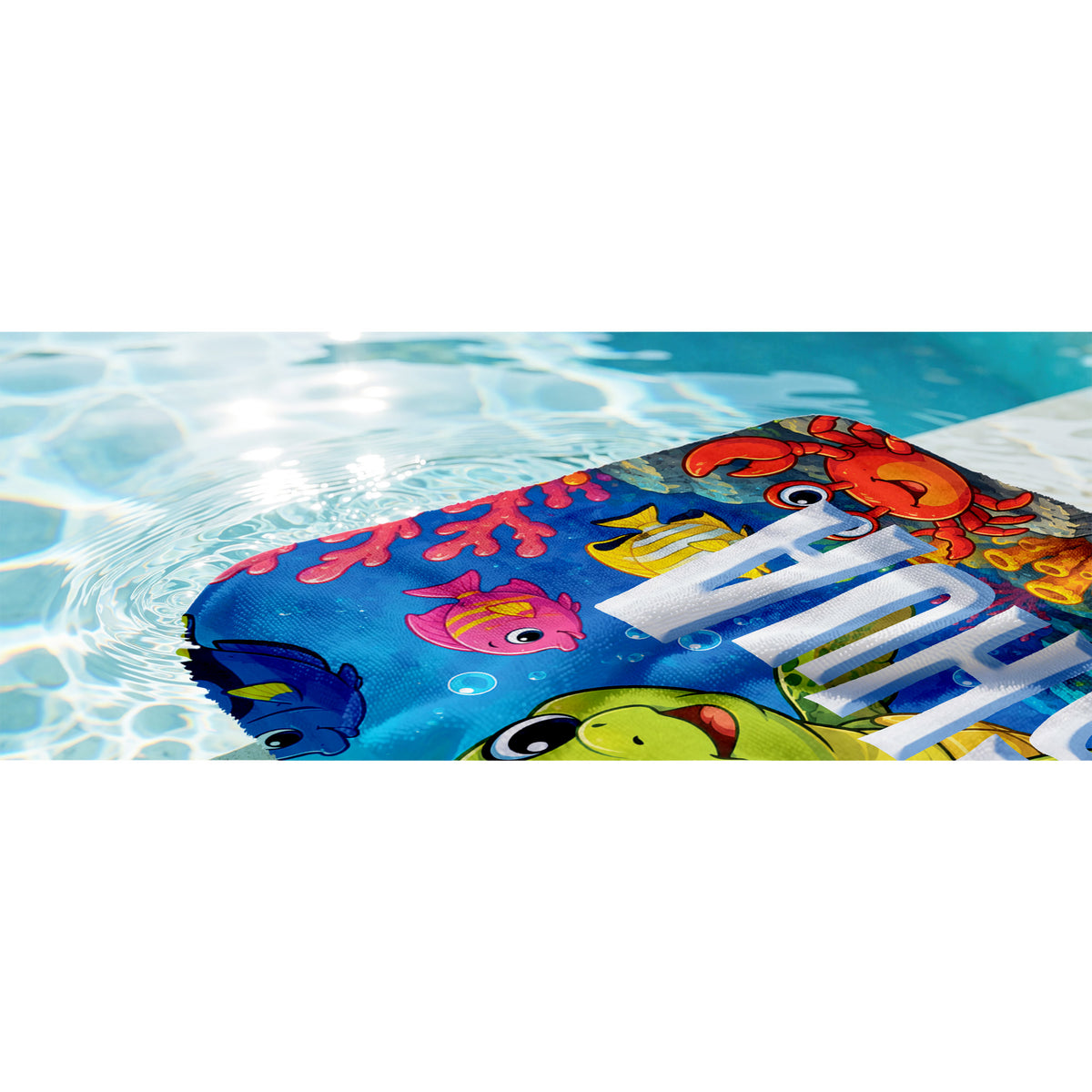 A close-up of a colorful inflatable pool float with cartoon sea creatures and the word 'FUN' printed on it, partially submerged in clear blue swimming pool water.