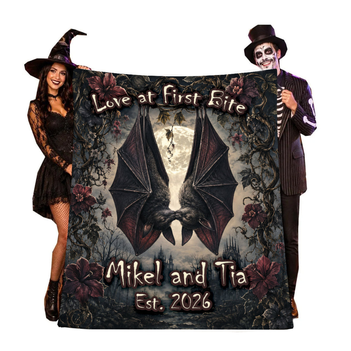 Personalized Gothic Vampire Bat Couple Halloween Blanket