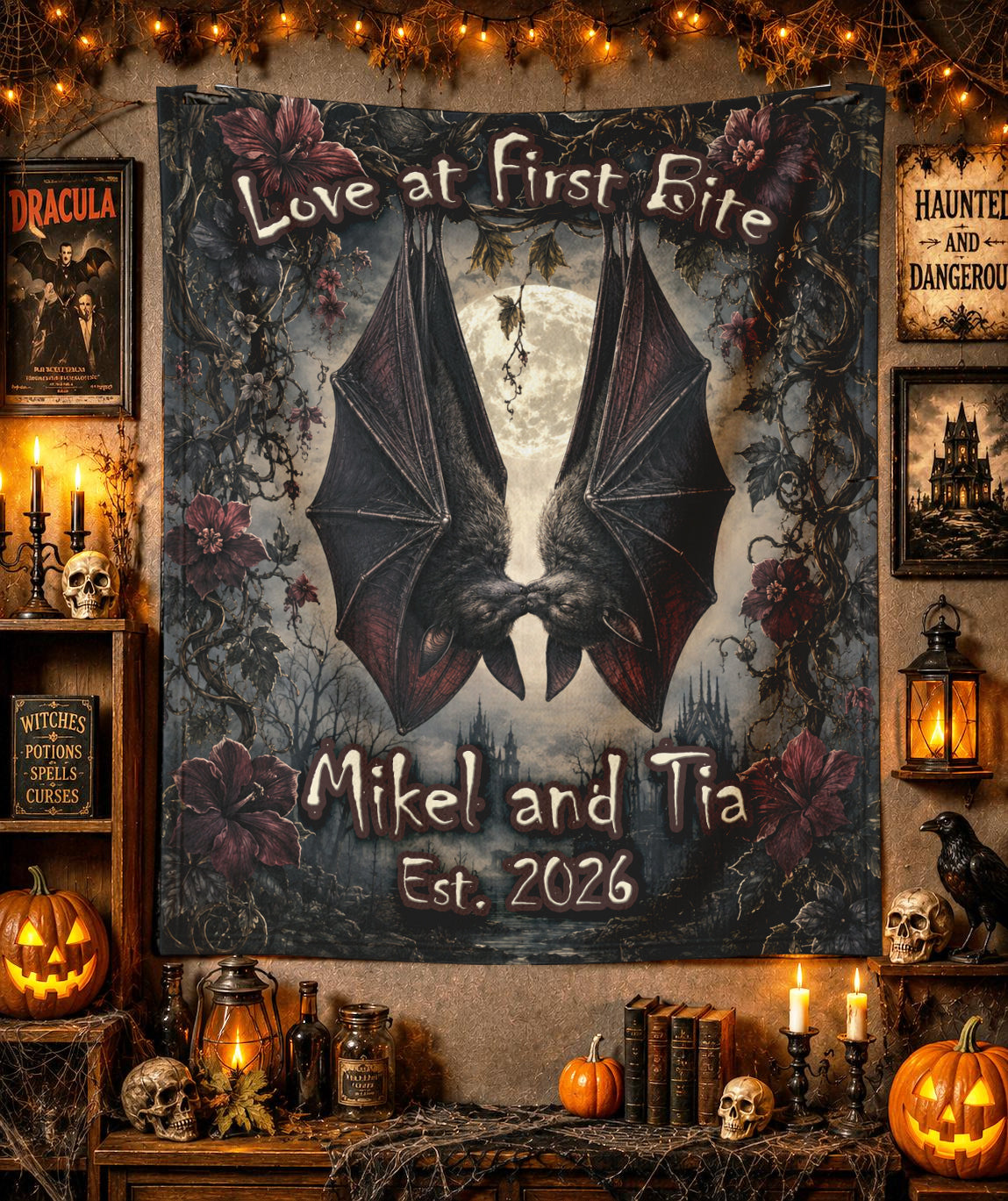 Personalized Gothic Vampire Bat Couple Halloween Blanket