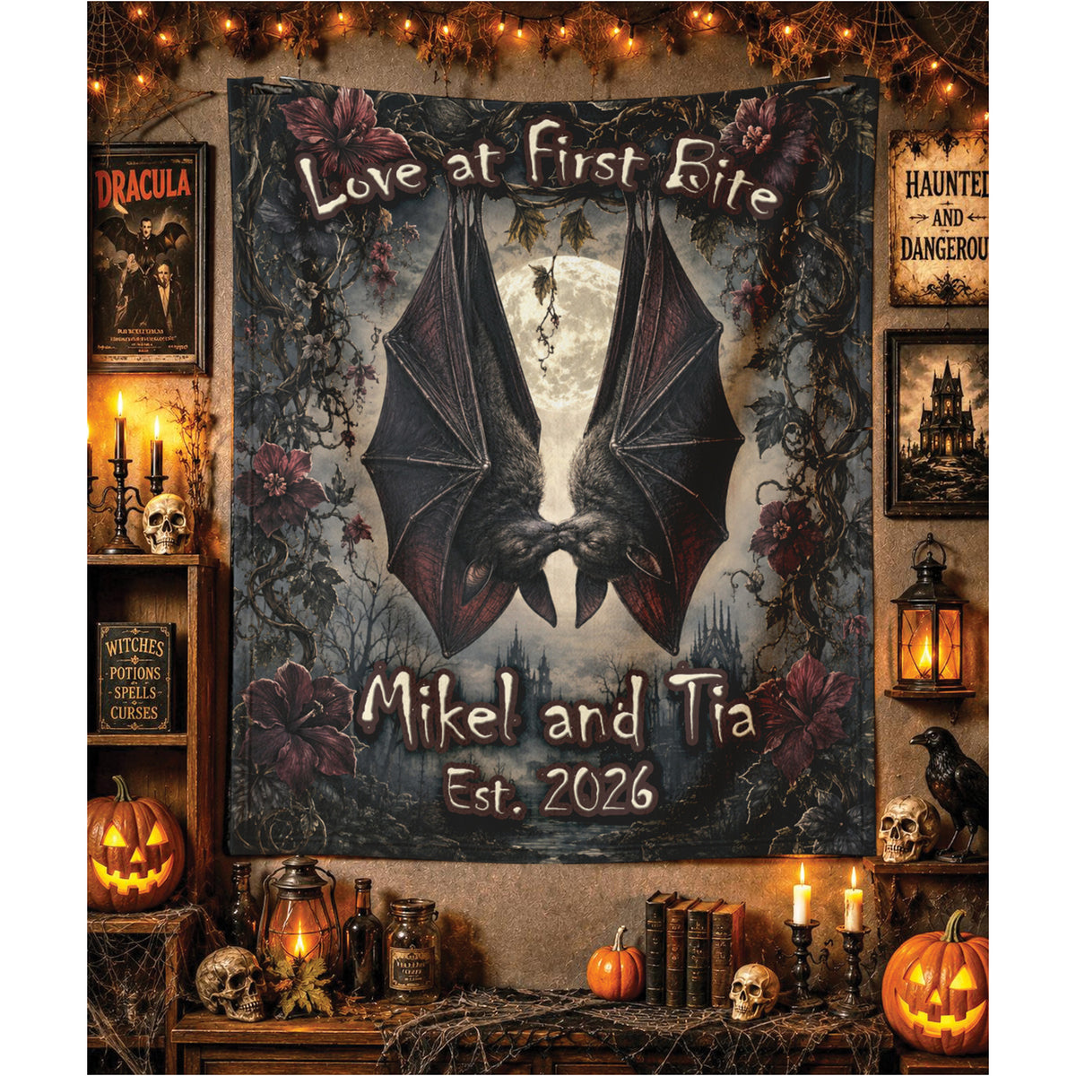 A Halloween-themed wall tapestry featuring a large bat silhouette against a full moon with the text 'Love at First Bite' and 'Mikel and Tia Est. 2026.