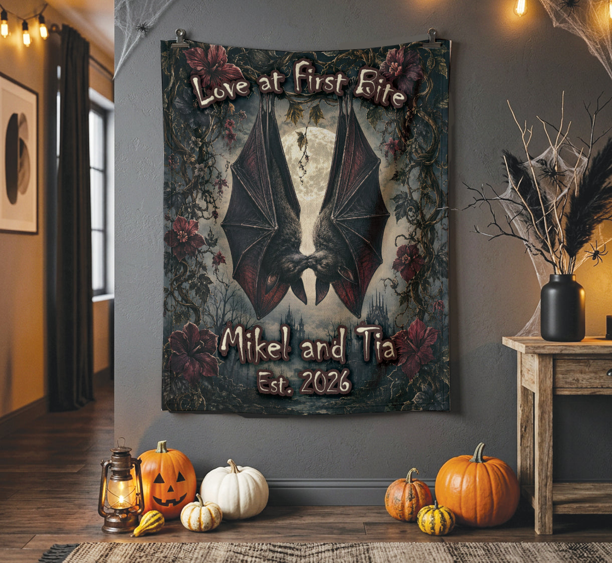 Personalized Gothic Vampire Bat Couple Halloween Blanket