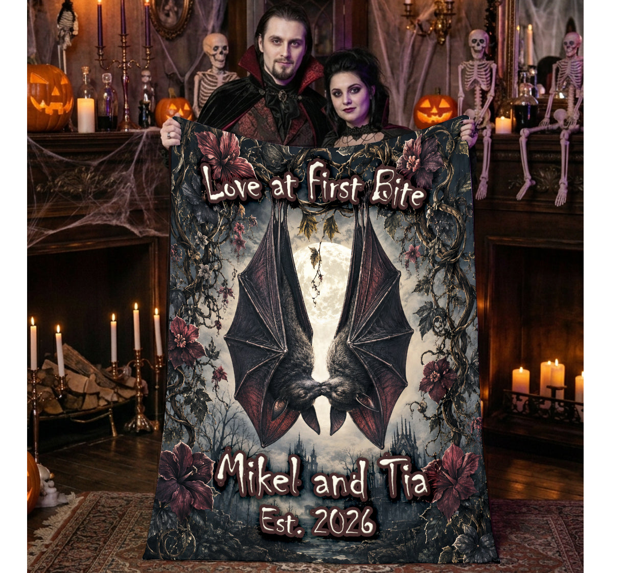 Personalized Gothic Vampire Bat Couple Halloween Blanket