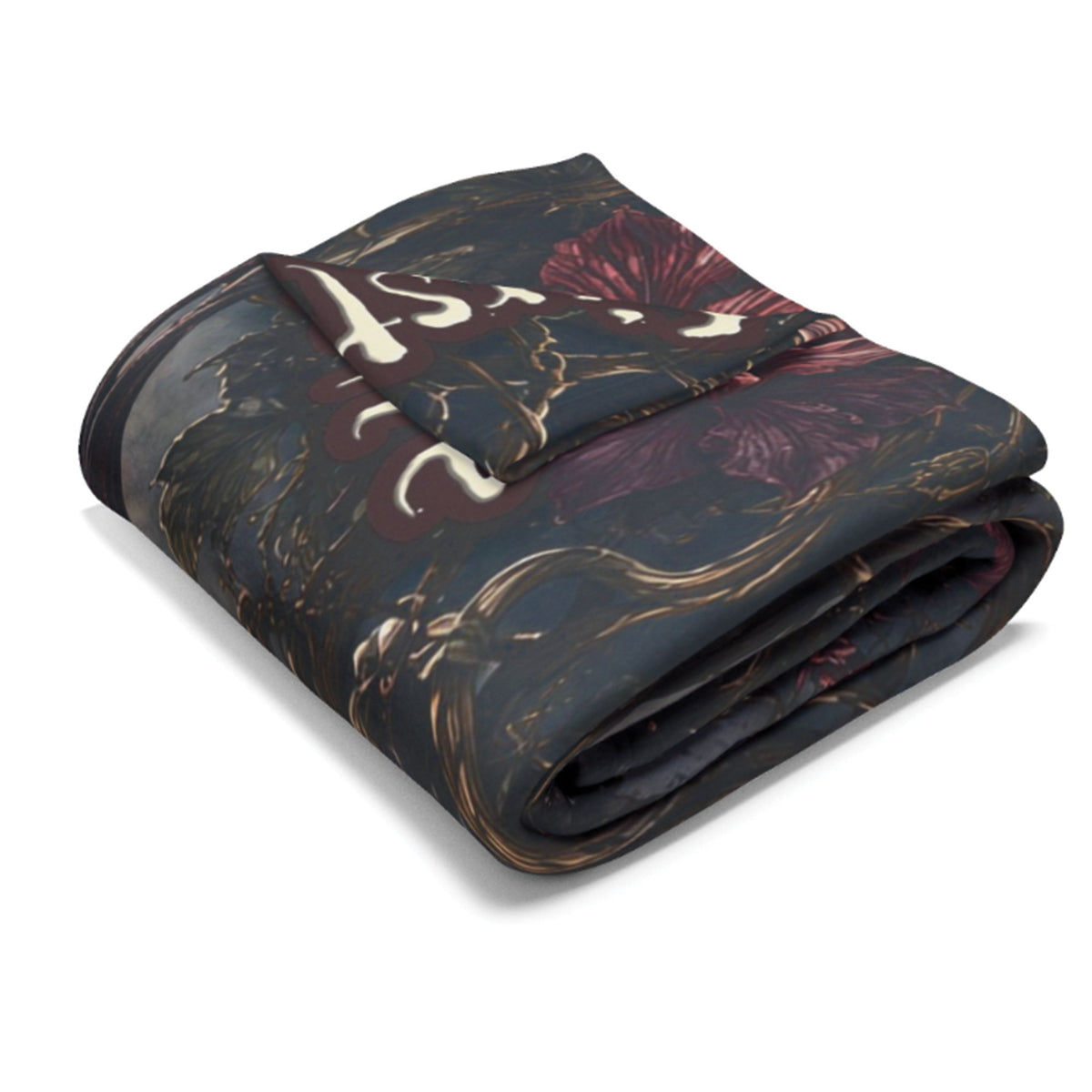 A folded throw blanket featuring a dark, ornate pattern with burgundy floral motifs and gold marbled veins on a black background, set against a plain white studio backdrop.