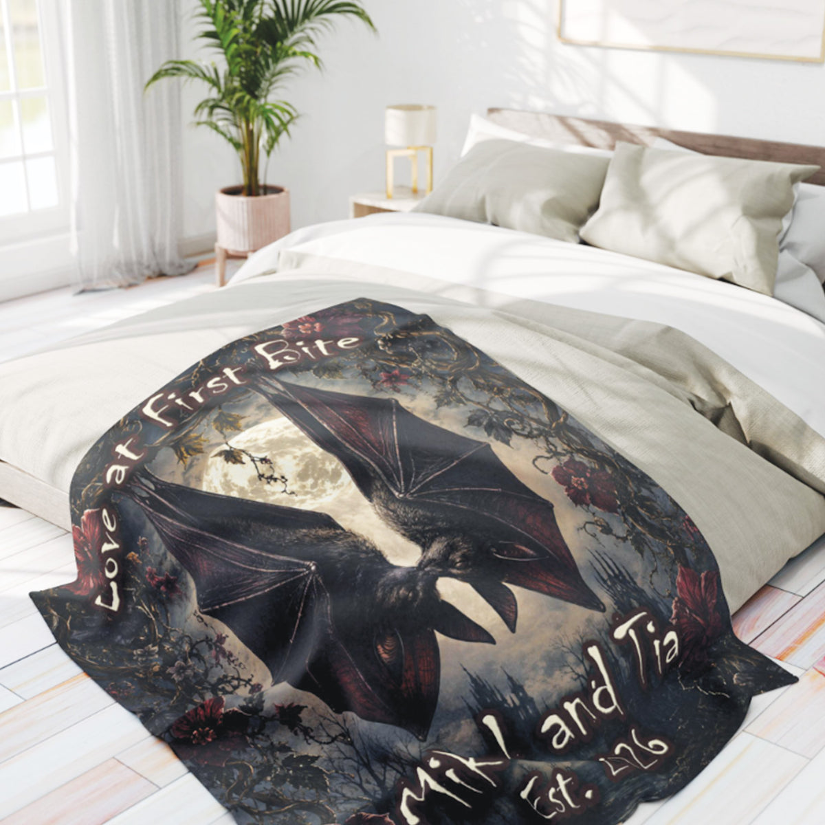Personalized Gothic Vampire Bat Couple Halloween Blanket