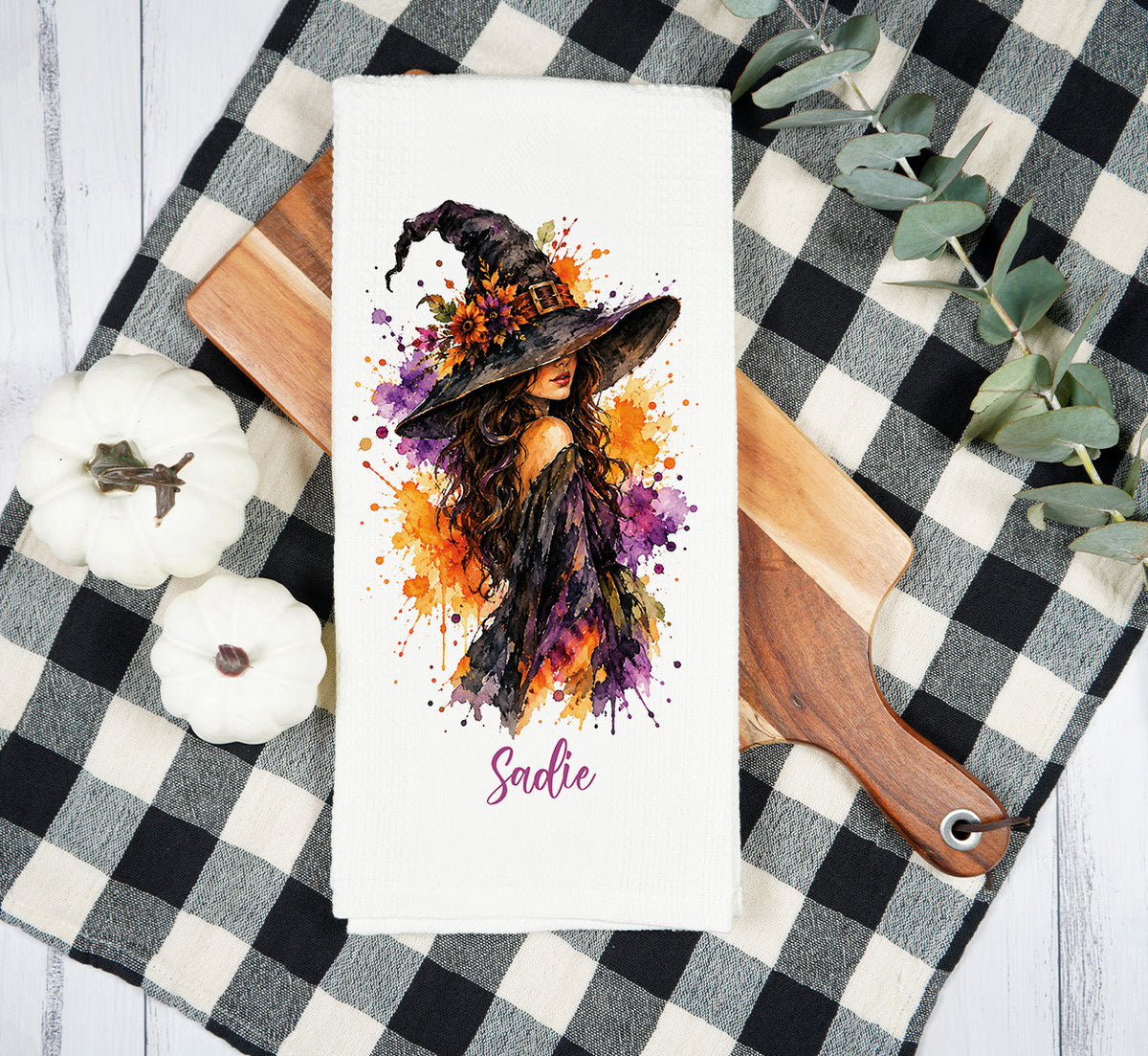 Personalized Halloween Watercolor Witch Tea Towel – Custom Name, Font & Color