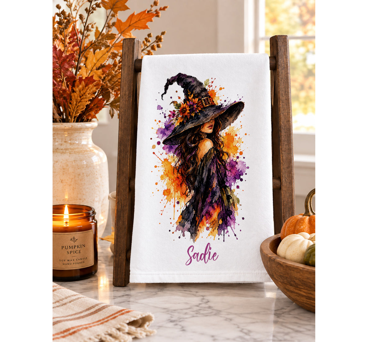 Personalized Halloween Watercolor Witch Tea Towel – Custom Name, Font & Color