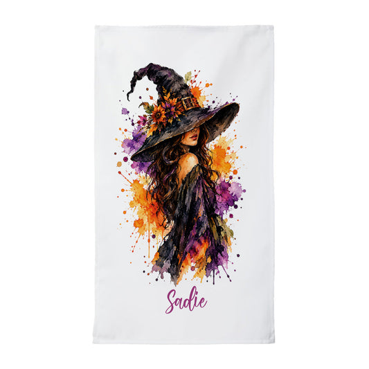Personalized Halloween Watercolor Witch Tea Towel – Custom Name, Font & Color