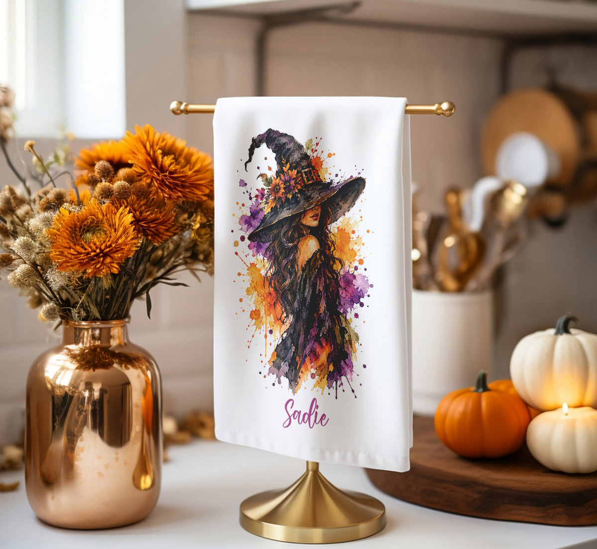 Personalized Halloween Watercolor Witch Tea Towel – Custom Name, Font & Color