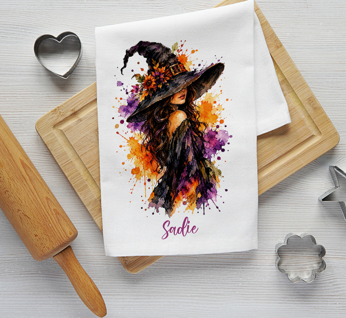 Personalized Halloween Watercolor Witch Tea Towel – Custom Name, Font & Color