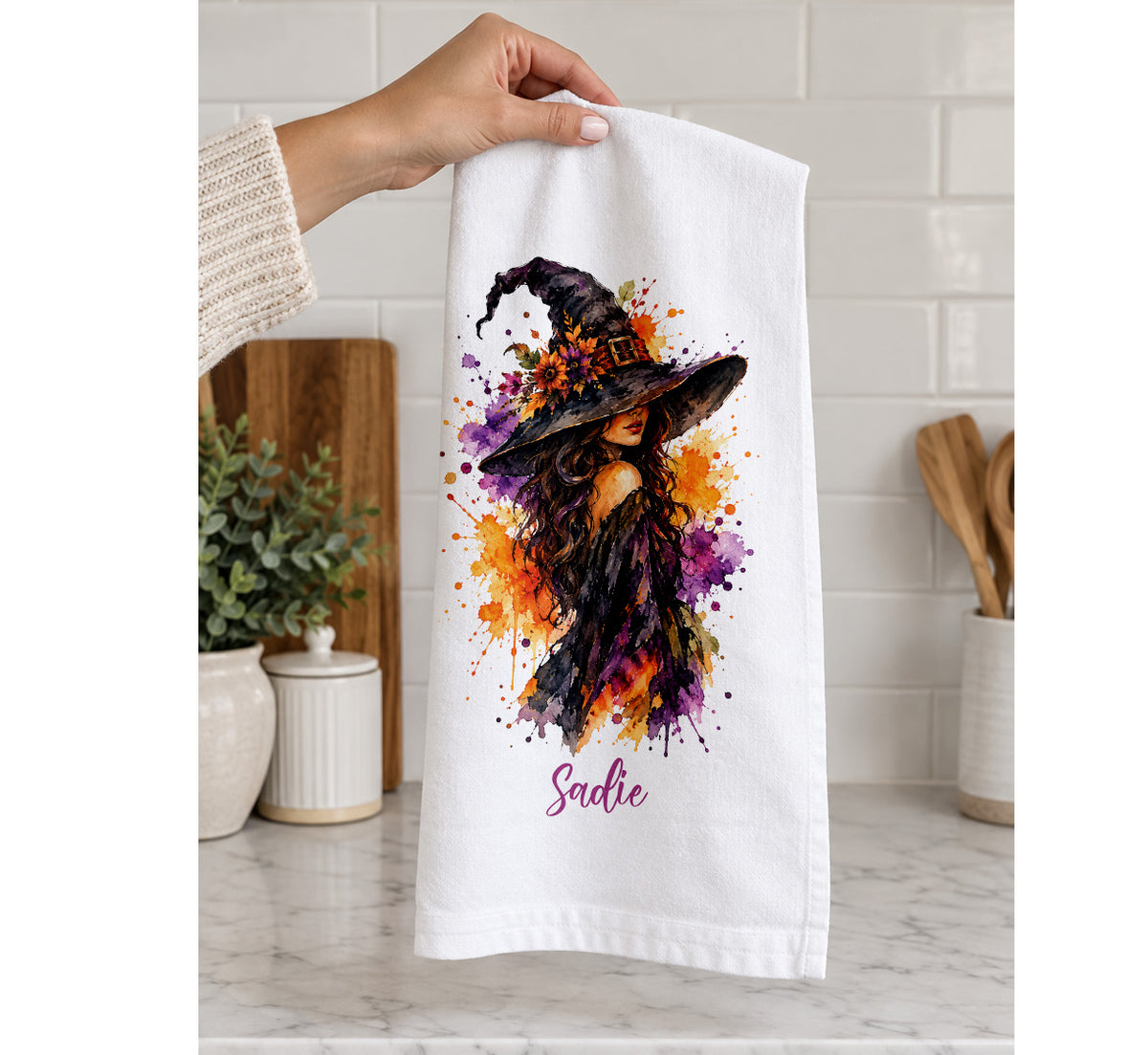 Personalized Halloween Watercolor Witch Tea Towel – Custom Name, Font & Color
