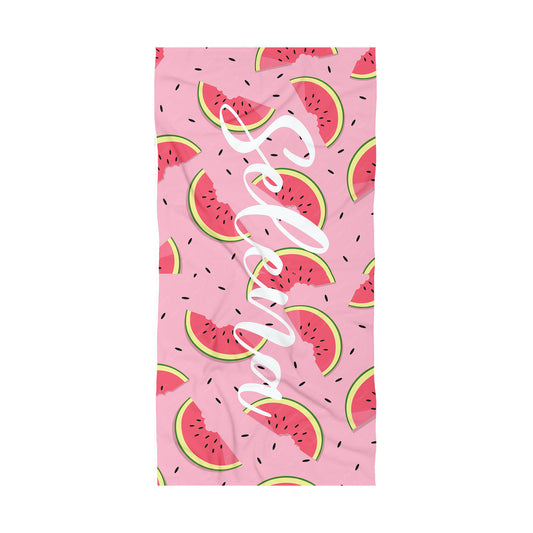 Personalized Watermelon Beach Towel, Custom Name Fruit Print Design, Pink Summer