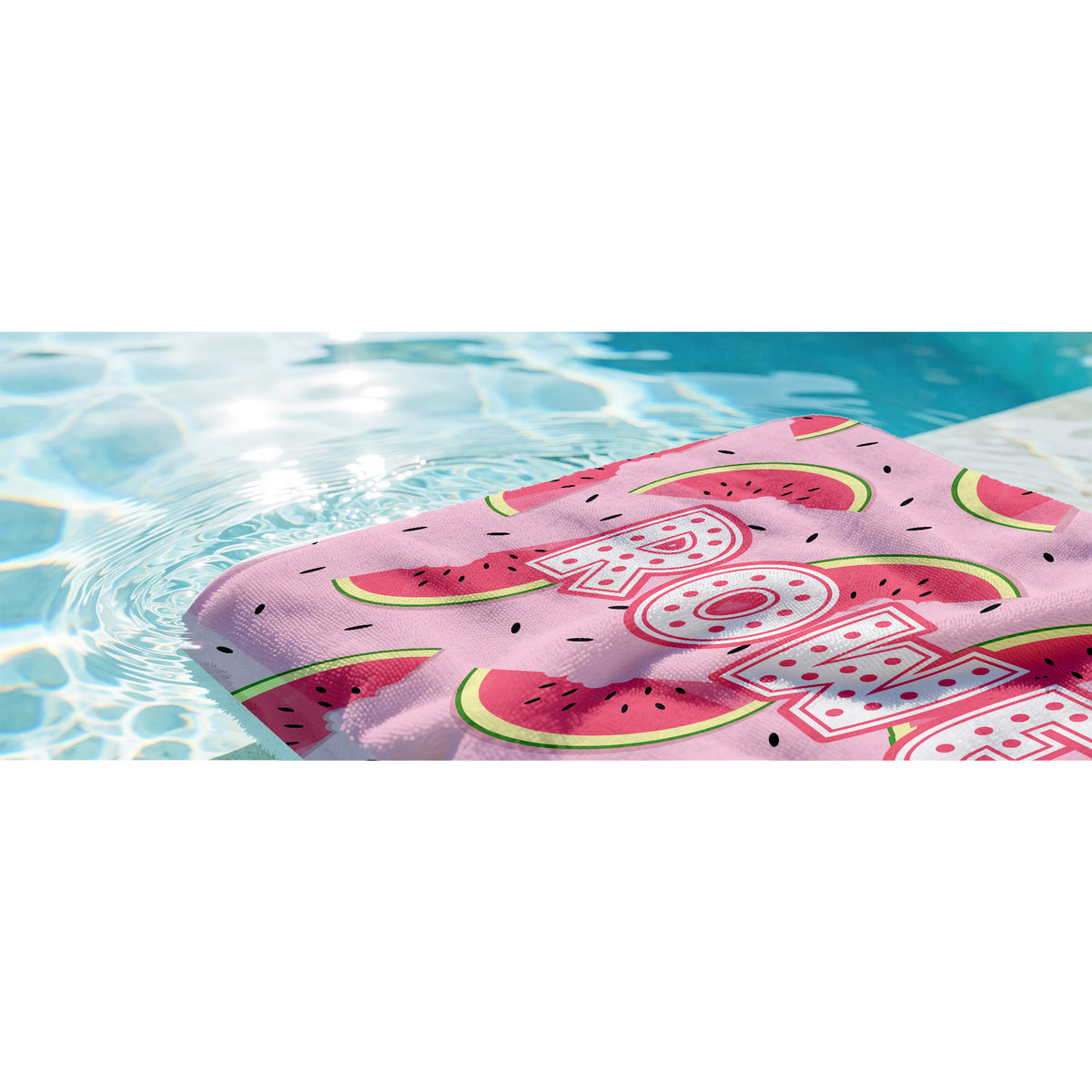 Personalized Watermelon Beach Towel, Custom Name Fruit Print Design, Pink Summer in water