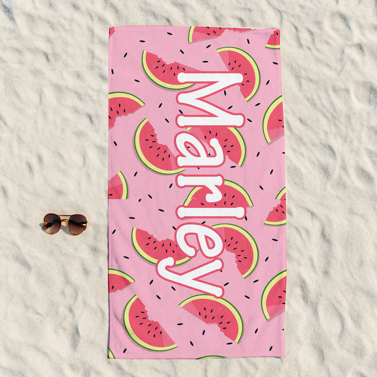 Personalized Watermelon Beach Towel, Custom Name Fruit Print Design, Pink Summer