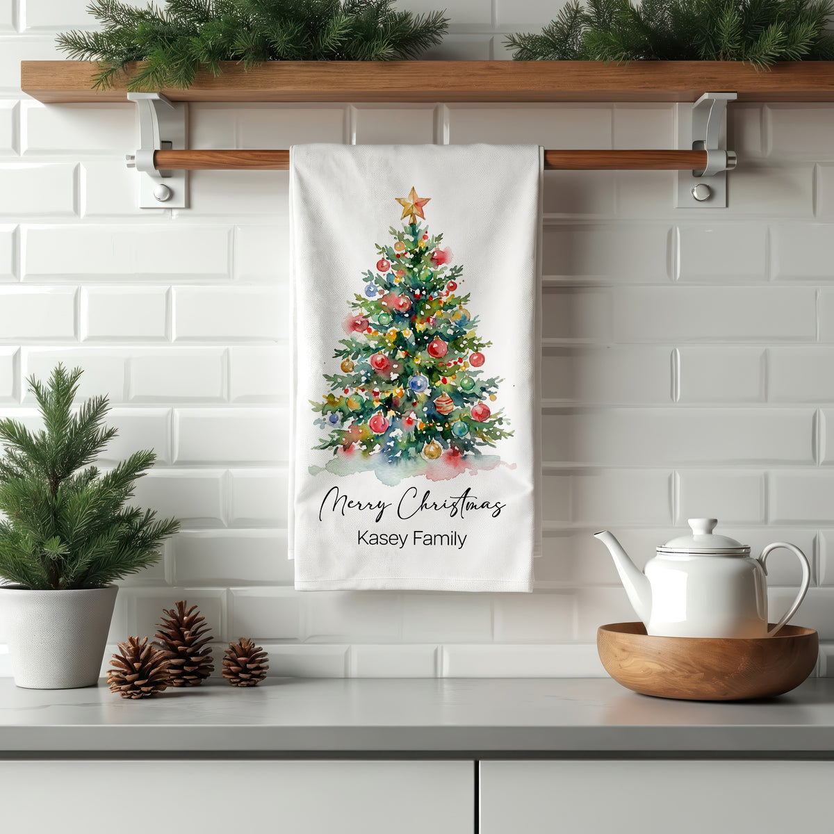 Personalized Christmas Tea Towel | Custom Family Name Watercolor Tree Kitchen Towel
