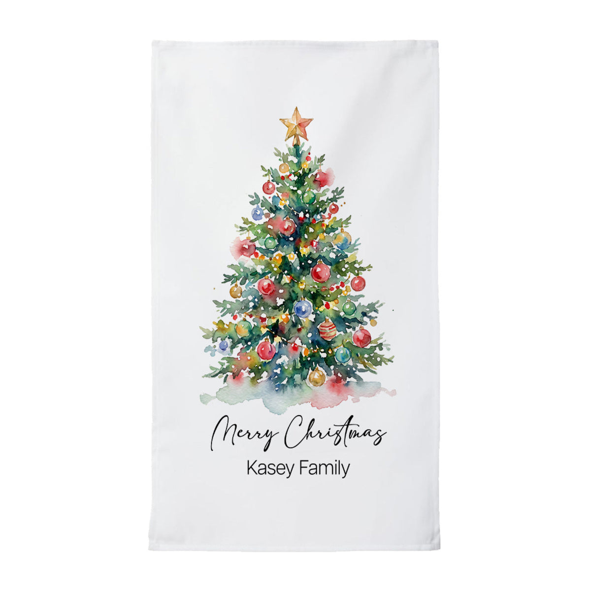 Personalized Christmas Tea Towel | Custom Family Name Watercolor Tree Kitchen Towel