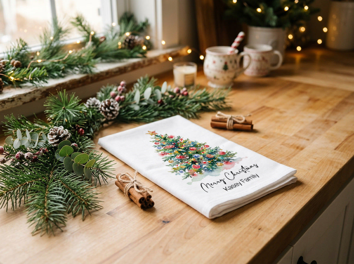 Personalized Christmas Tea Towel | Custom Family Name Watercolor Tree Kitchen Towel