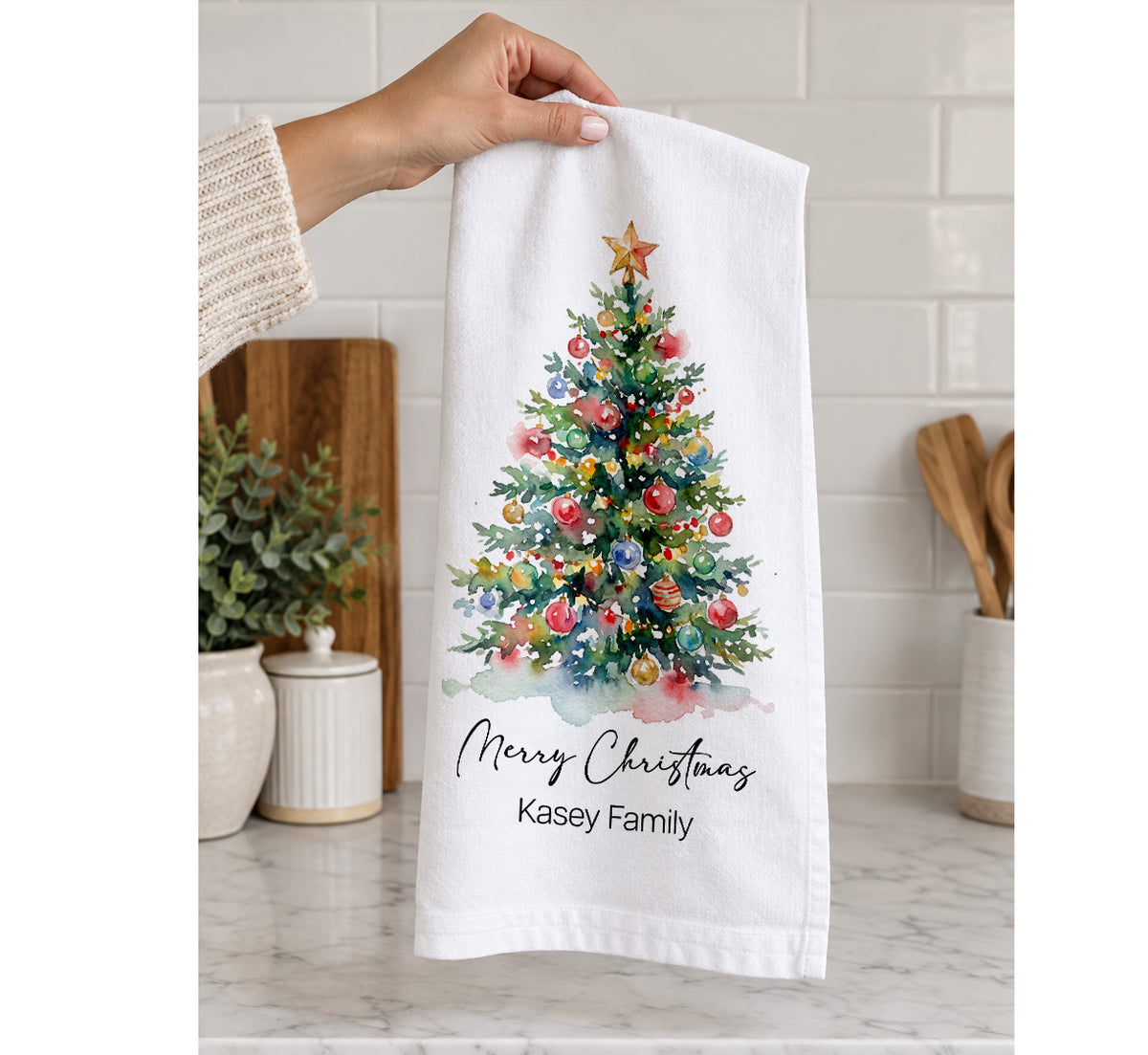 Personalized Christmas Tea Towel | Custom Family Name Watercolor Tree Kitchen Towel