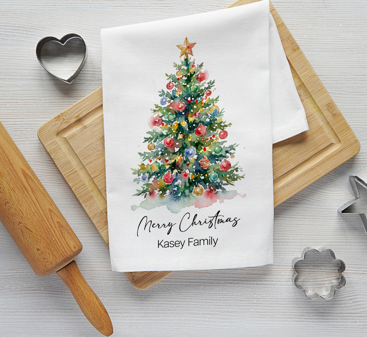 Personalized Christmas Tea Towel | Custom Family Name Watercolor Tree Kitchen Towel