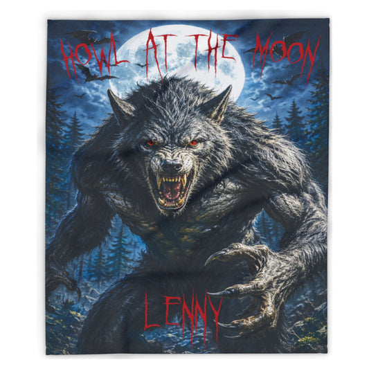 A square graphic print or poster featuring a snarling werewolf in a dark forest under a full moon, with the red text 'HOWL AT THE MOON' at the top and 'LENNY' at the bottom.