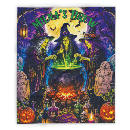 A square Halloween-themed art print or poster titled 'Milna's Brew' featuring three witches around a cauldron with green potion, pumpkins, tombstones, bats, and a full moon in a dark purple fantasy scene.