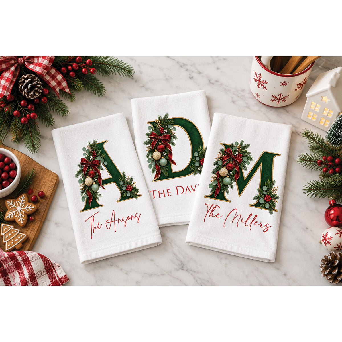 Custom Christmas Monogram Tea Towel, Personalized Name or Text