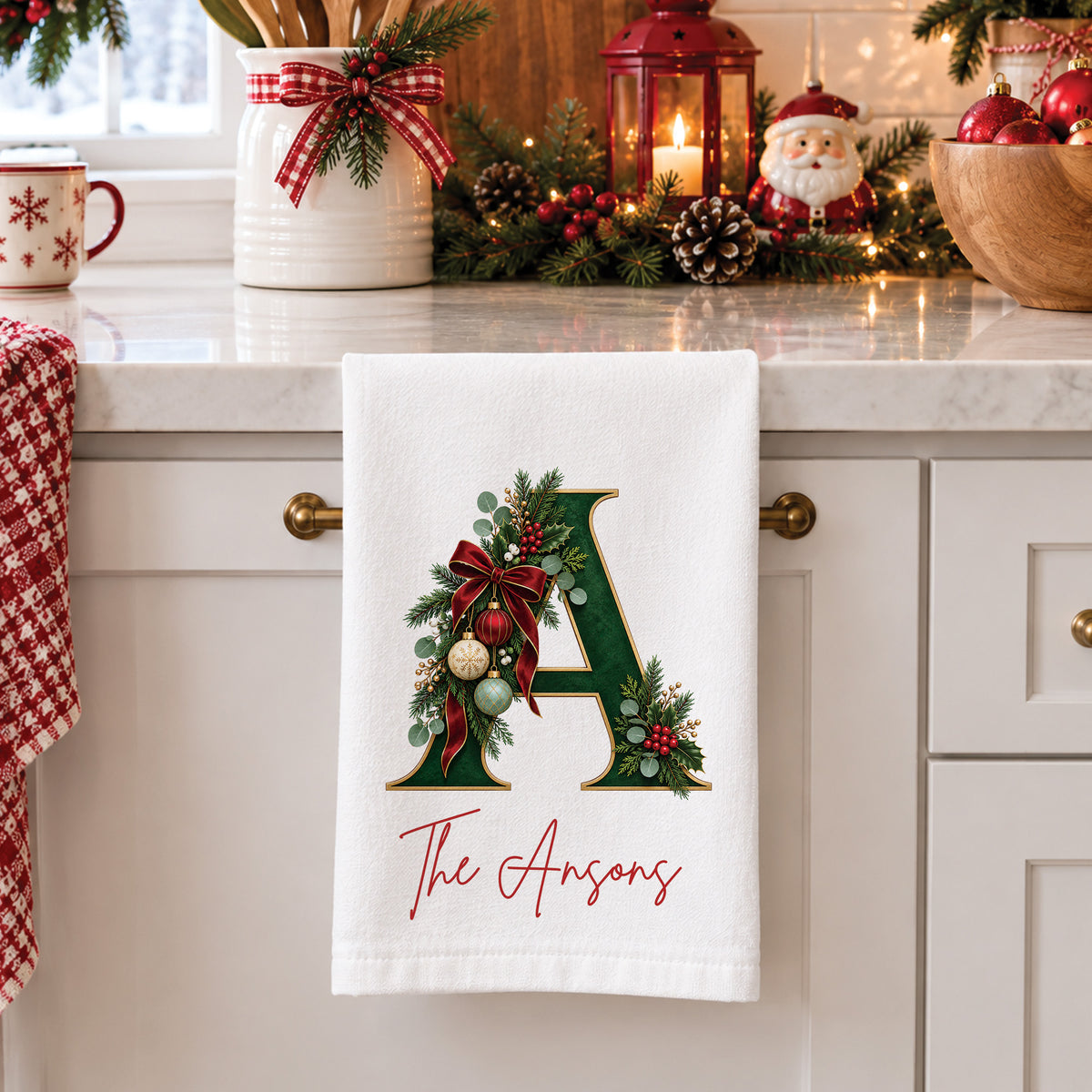 Custom Christmas Monogram Tea Towel, Personalized Name or Text