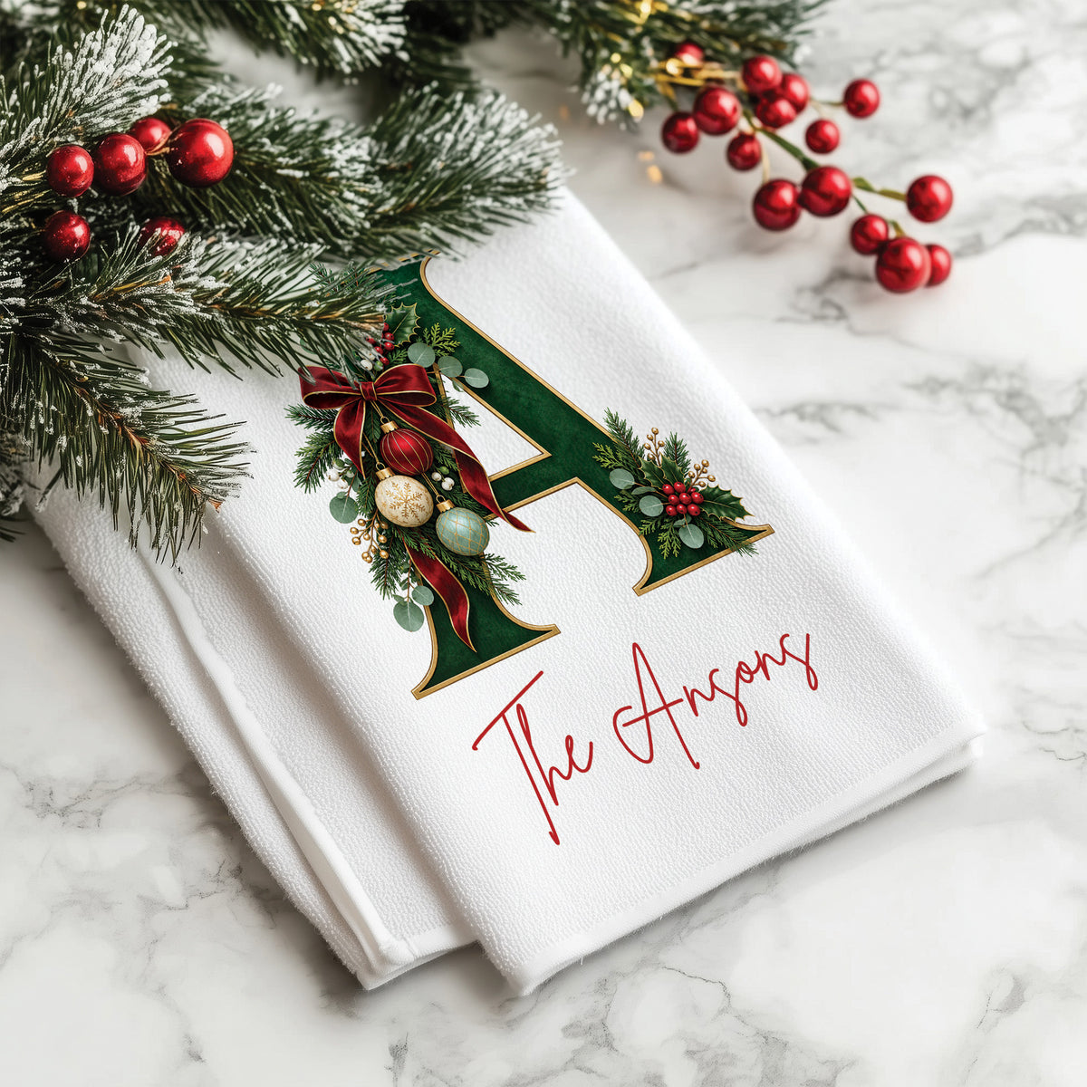Custom Christmas Monogram Tea Towel, Personalized Name or Text
