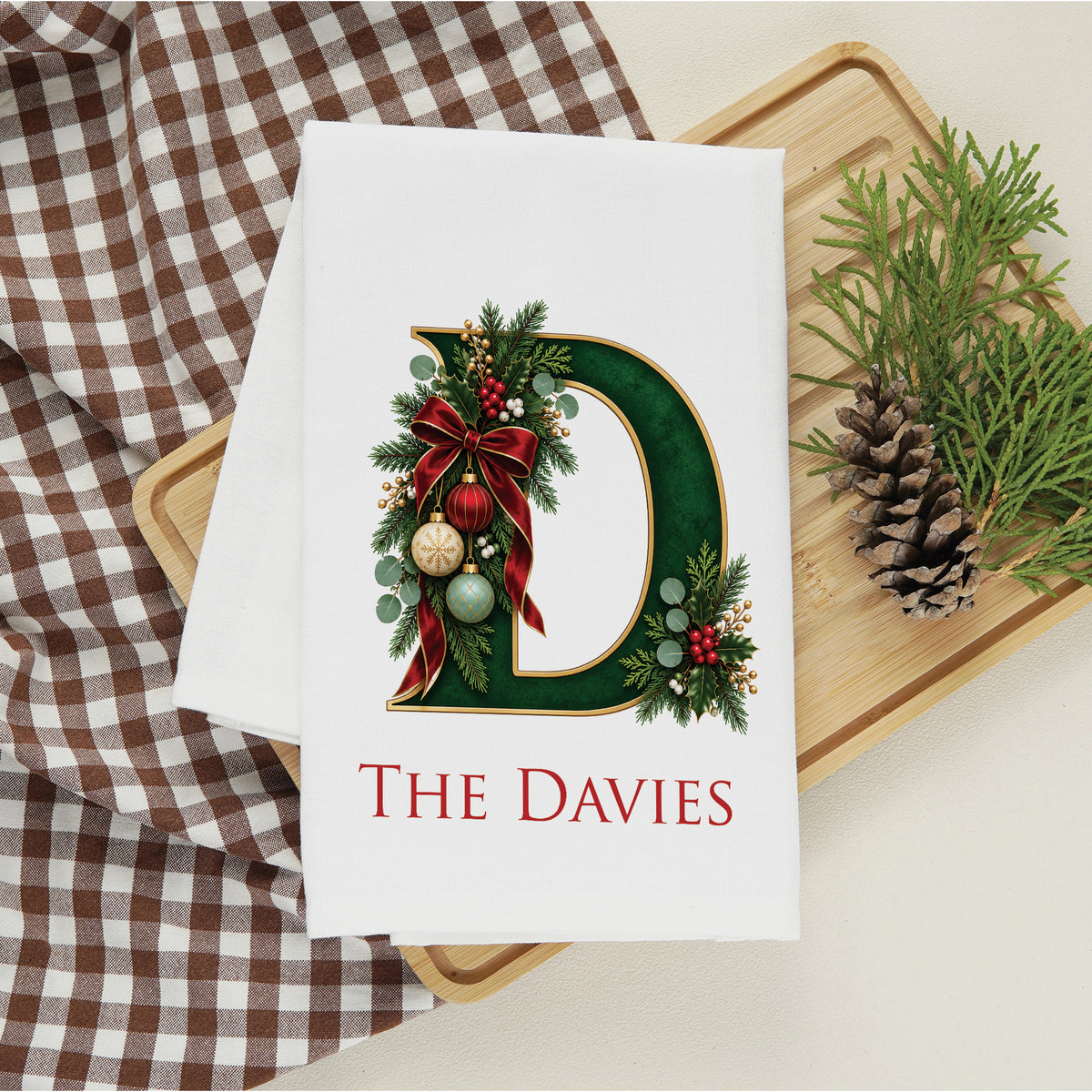 Custom Christmas Monogram Tea Towel, Personalized Name or Text