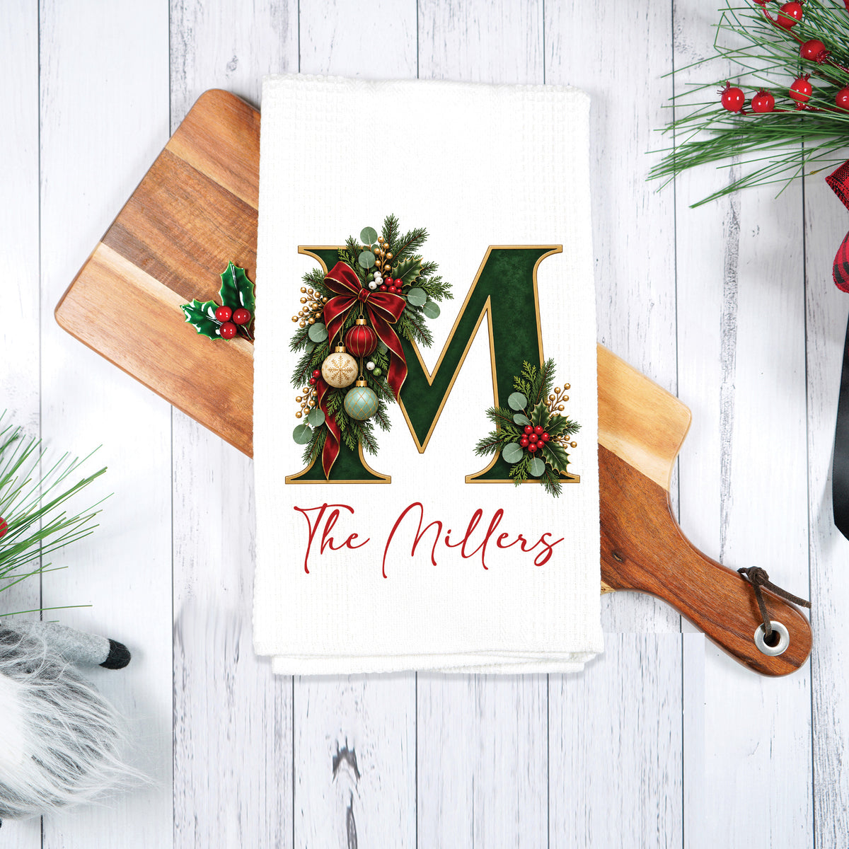 Custom Christmas Monogram Tea Towel, Personalized Name or Text