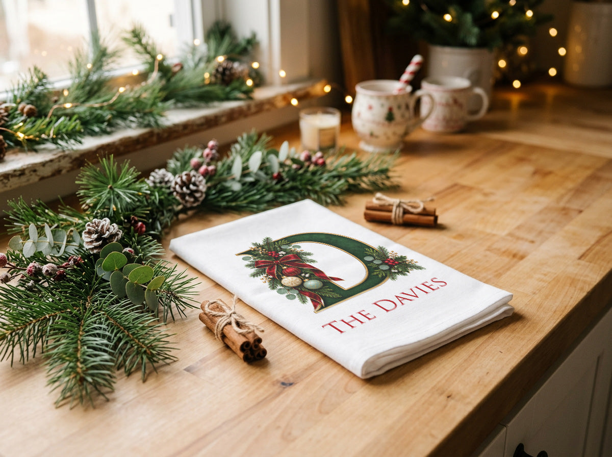 Custom Christmas Monogram Tea Towel, Personalized Name or Text