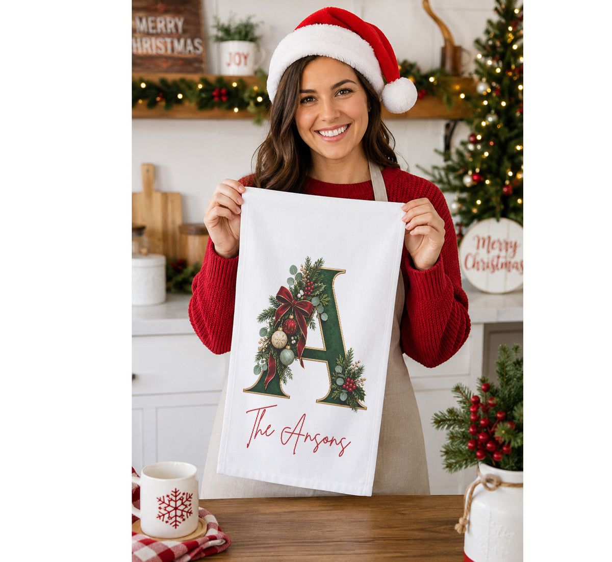 Custom Christmas Monogram Tea Towel, Personalized Name or Text