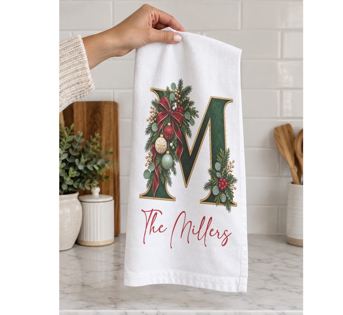 Custom Christmas Monogram Tea Towel, Personalized Name or Text