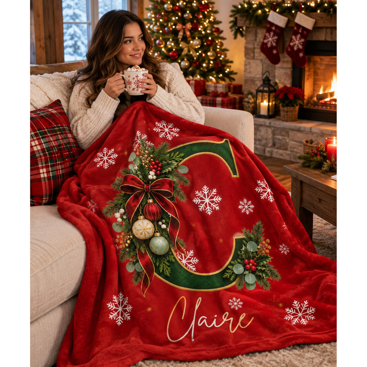 A woman sits on a beige sofa wrapped in a red Christmas blanket featuring a large green monogram letter C, white snowflakes, holly leaves, ornaments, and the name Claire in gold script. The cozy living room background includes a fireplace, stockings, and a decorated tree.