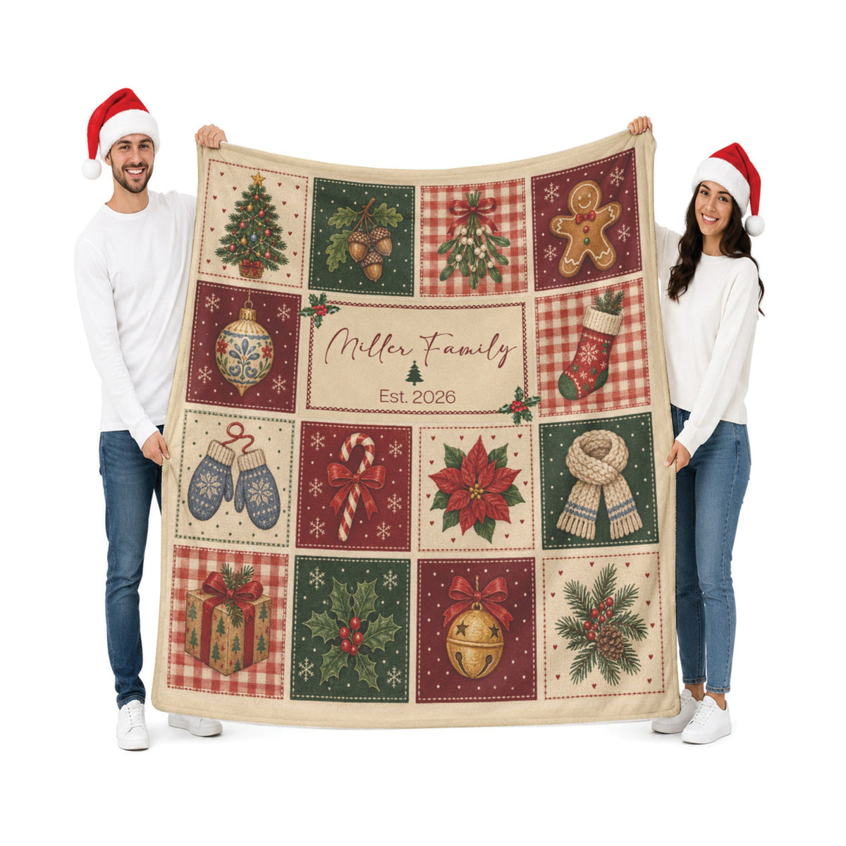 Custom Vintage Patchwork Christmas Blanket with Family Name