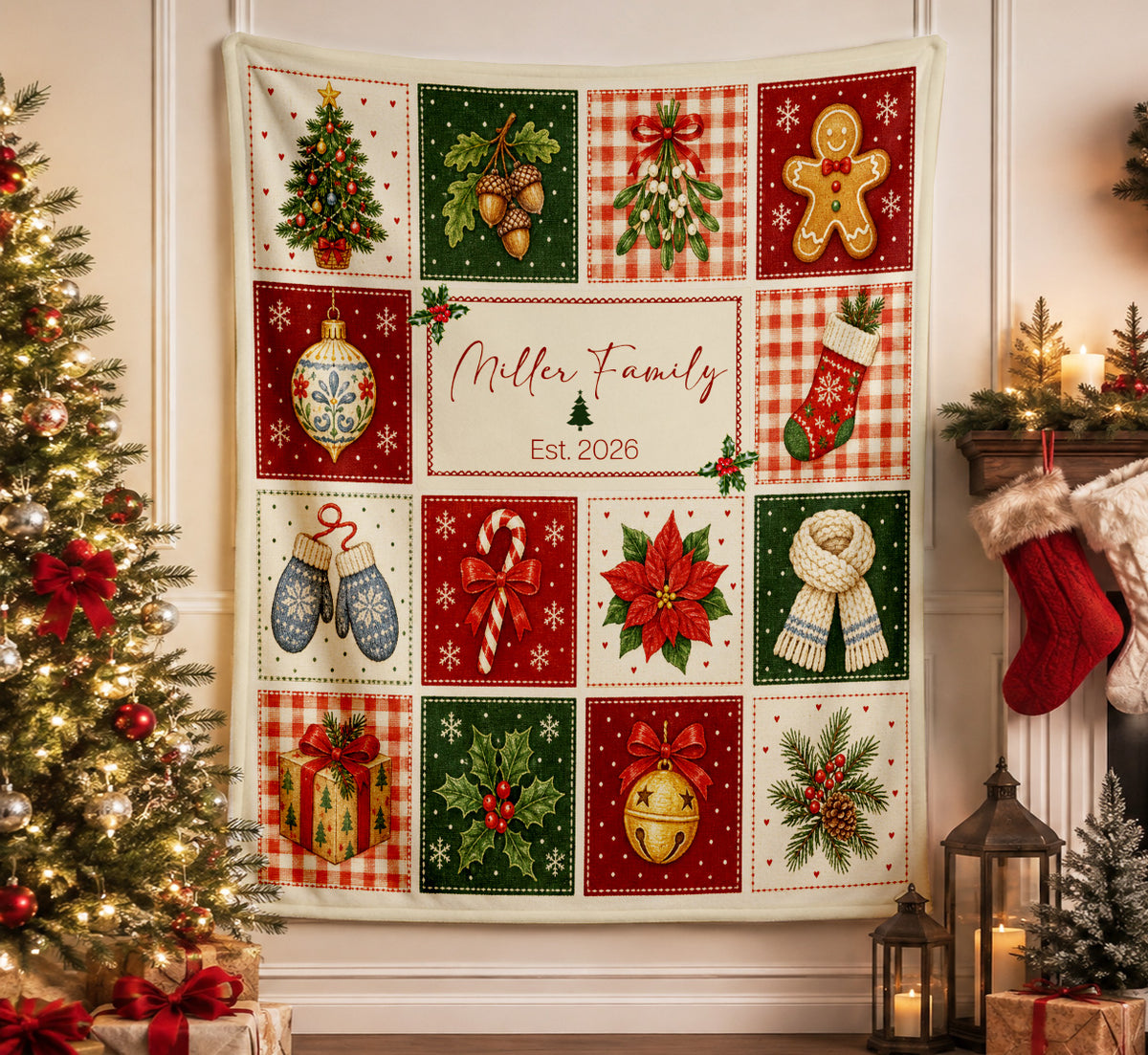 Custom Vintage Patchwork Christmas Blanket with Family Name