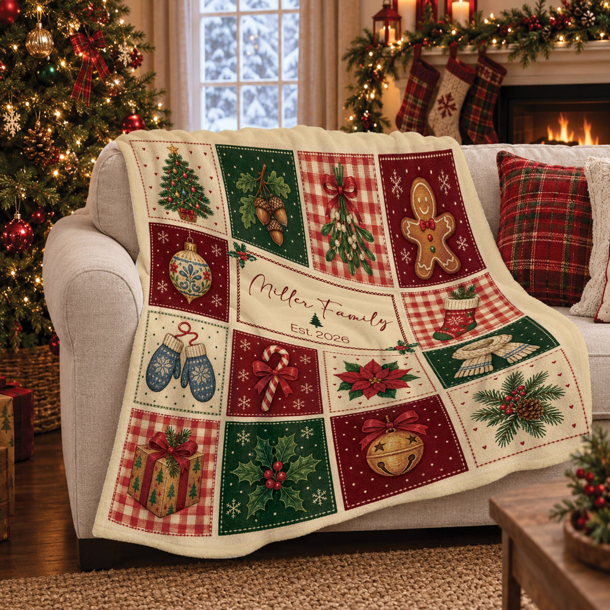 Custom Vintage Patchwork Christmas Blanket with Family Name