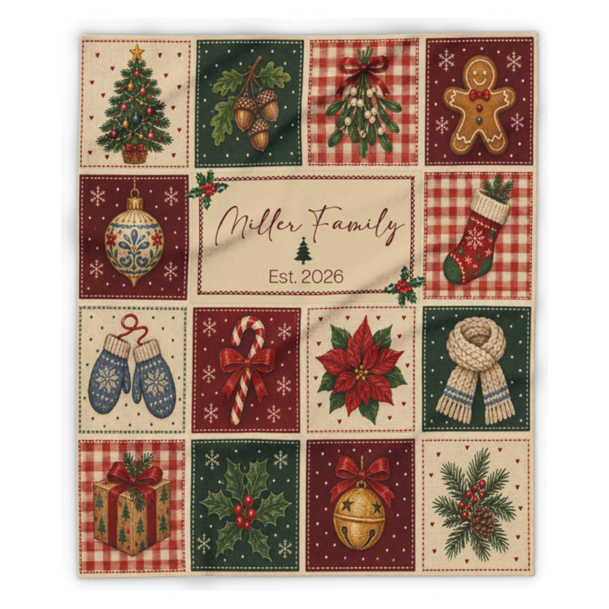 Custom Vintage Patchwork Christmas Blanket with Family Name